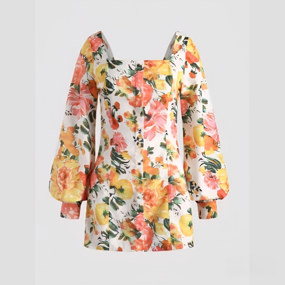Cider White Floral Mini Dress with Yellow & Pink Blooms